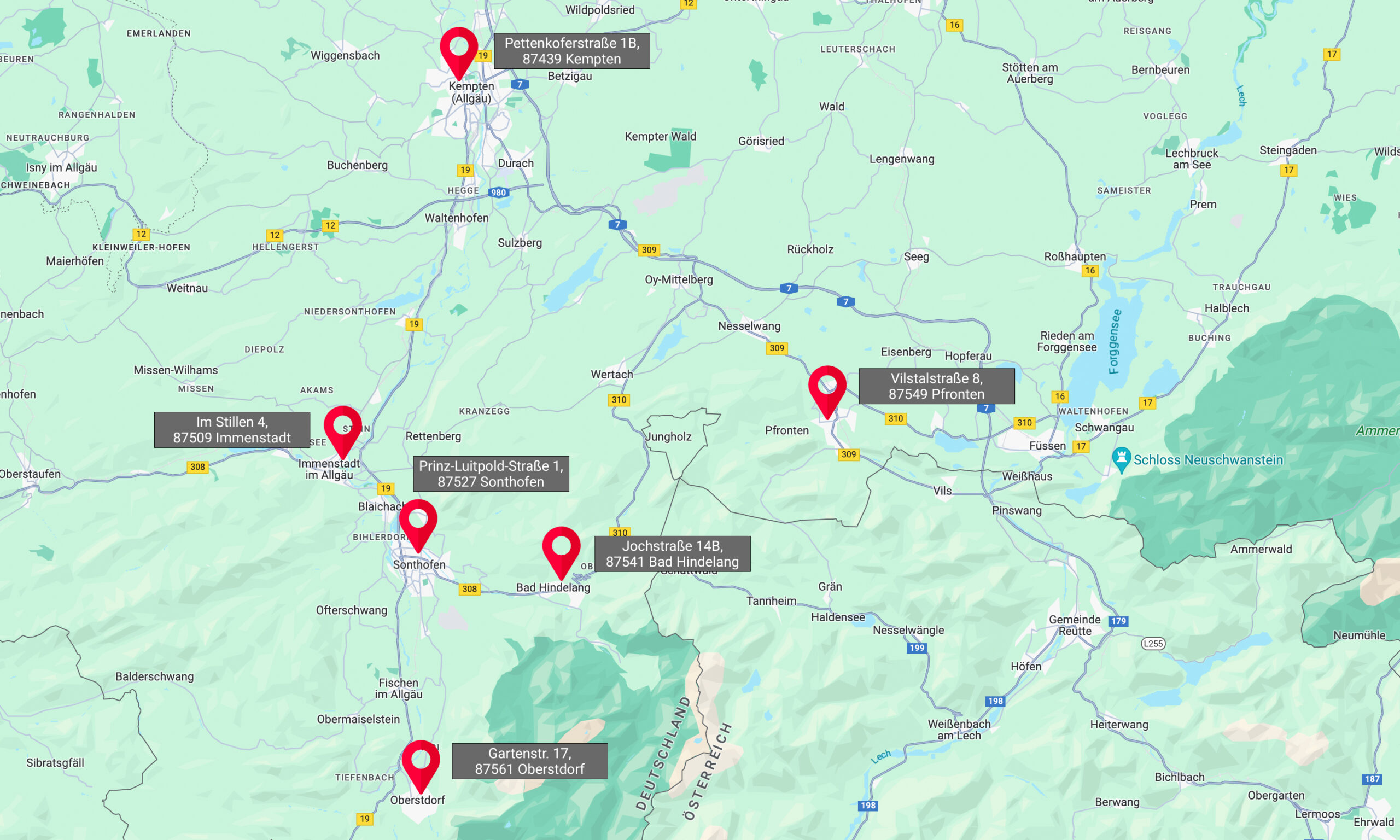 Karte der sechs Praxisstandorte im Allgäu